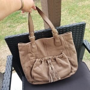 Ann Taylor Loft TAUPE Pebbled Leather Satchel Bag (12x13x5) Large Hobo Handbag